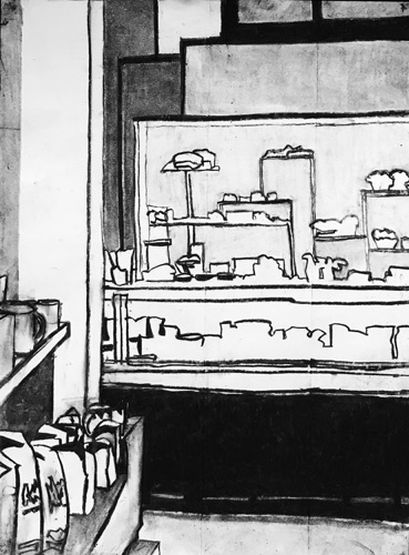 Starbucks Coffee and Dessert;
charcoal on paper, 24 x 18" Starbucks Coffee and Dessert;
charcoal on paper, 24 x 18"